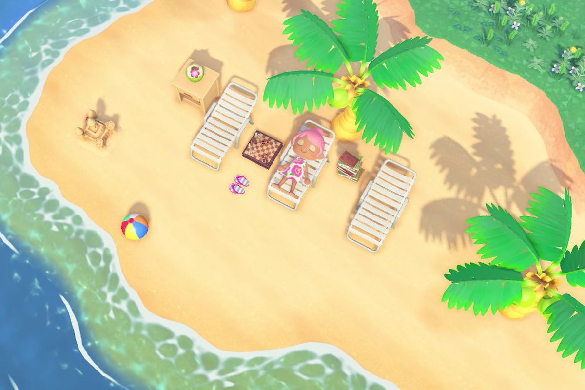 An Animal Crossing character laying on a beach chair.