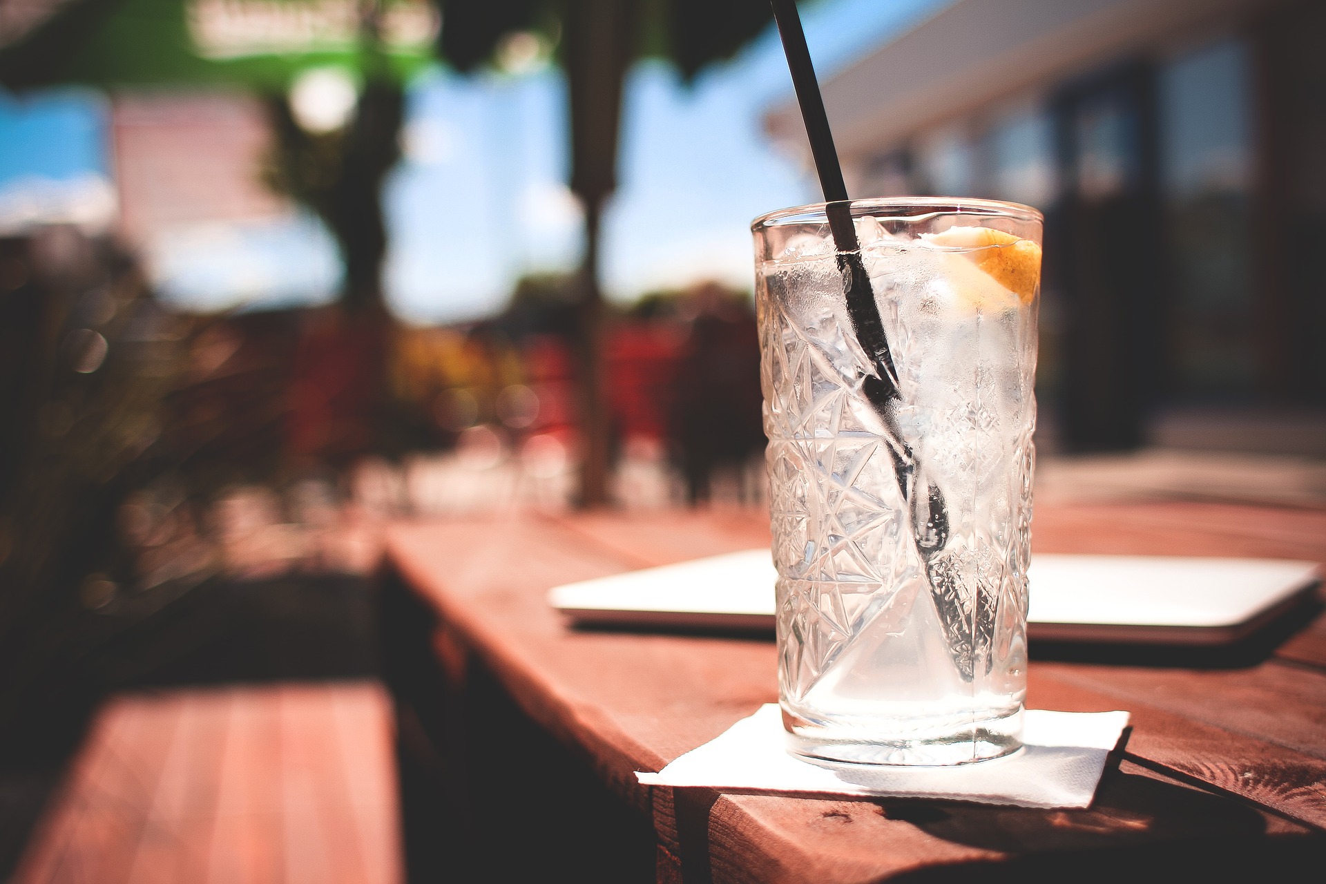 Clear cocktail on a table