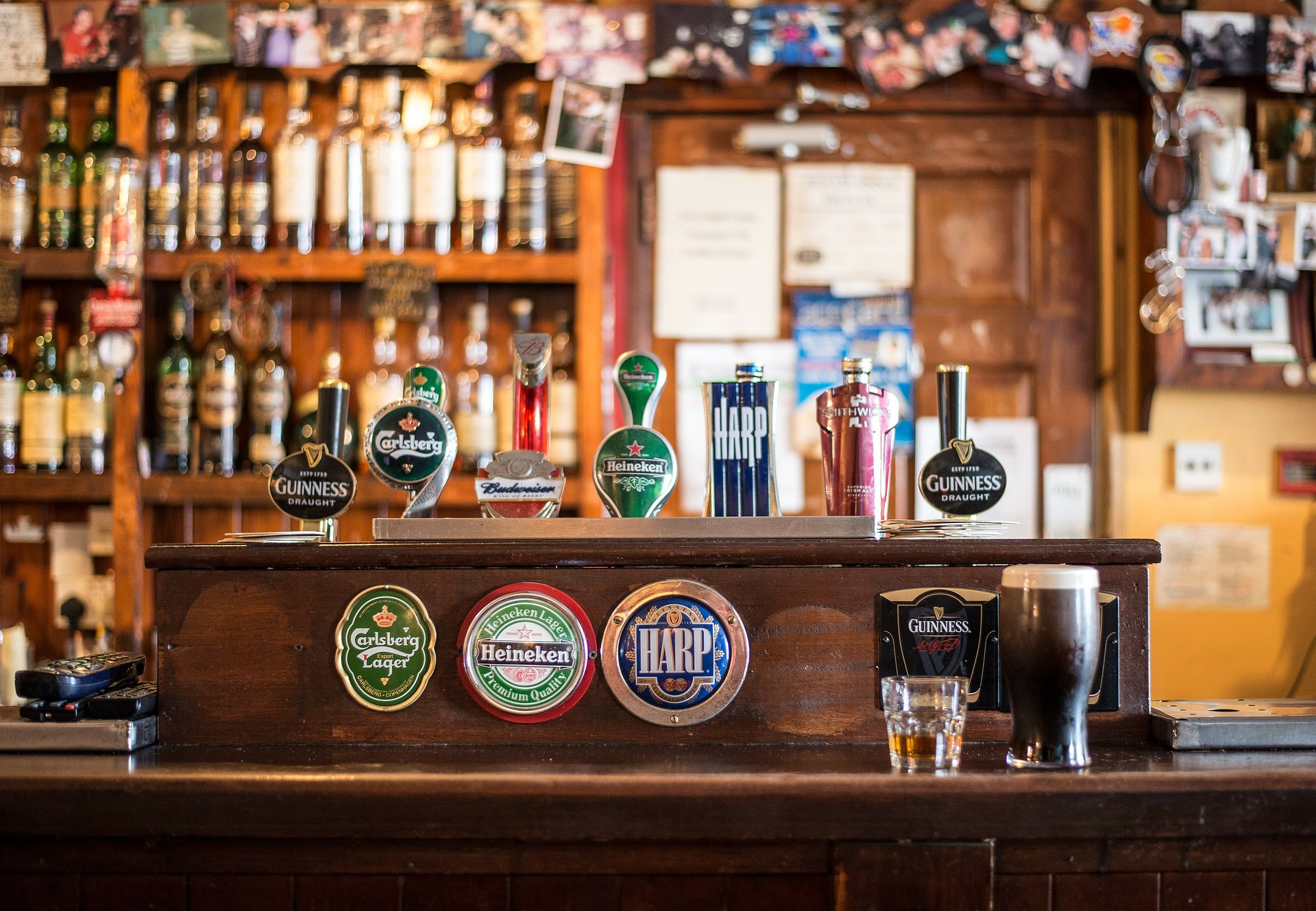 Beer taps at a bar.