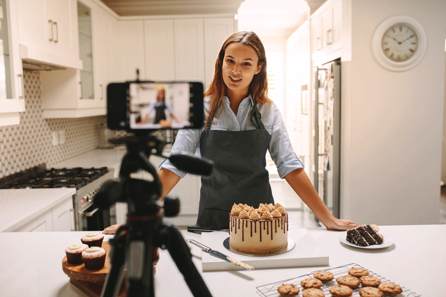 Cooking influencer filming piece to camera